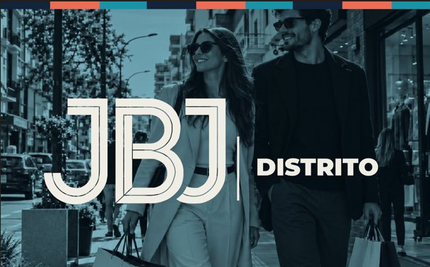 Pareja de compras por la avenida con el logo JBJ Distrito